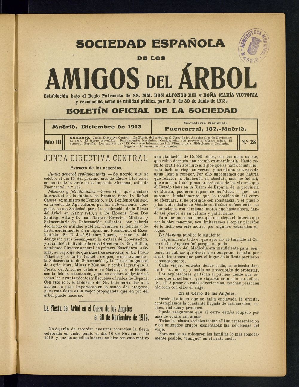 Boletn Comisin organizadora de la Sociedad Espaola de los amigos del rbol de diciembre de 1913