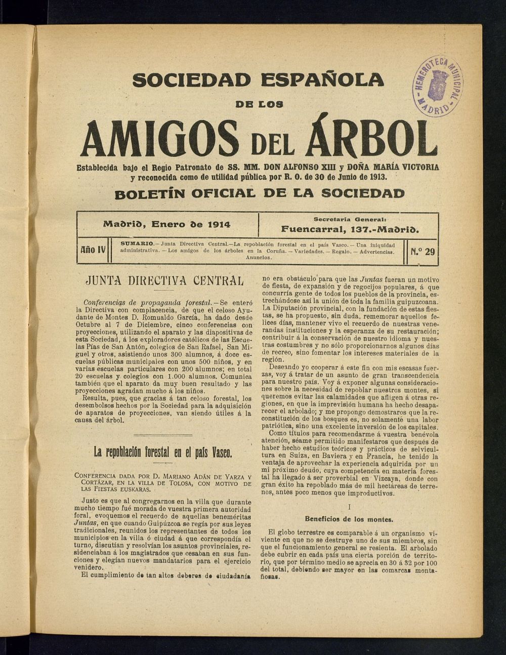 Boletn Comisin organizadora de la Sociedad Espaola de los amigos del rbol de enero de 1914