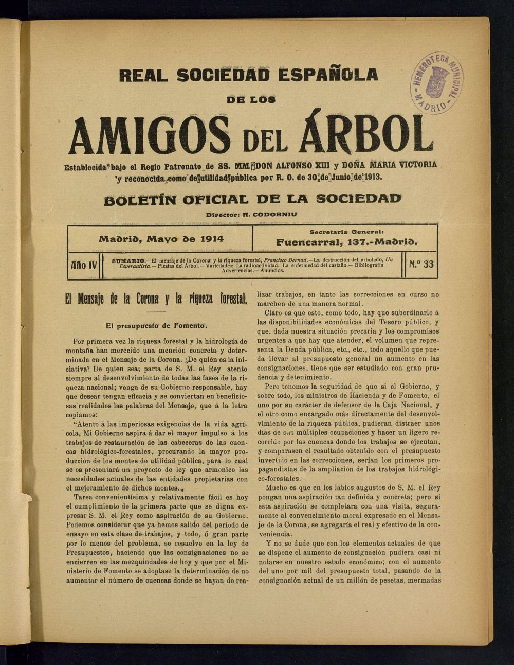 Boletn Comisin organizadora de la Sociedad Espaola de los amigos del rbol de mayo de 1914