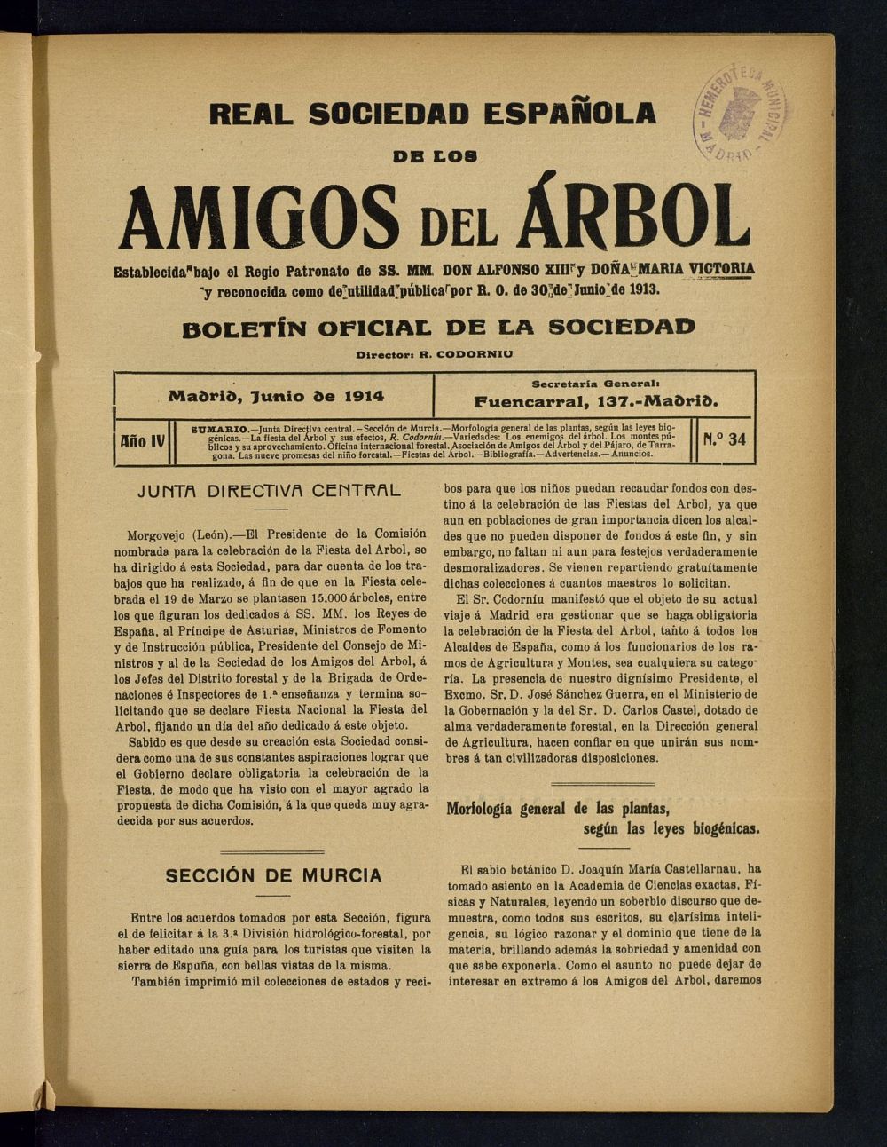 Boletn Comisin organizadora de la Sociedad Espaola de los amigos del rbol de junio de 1914