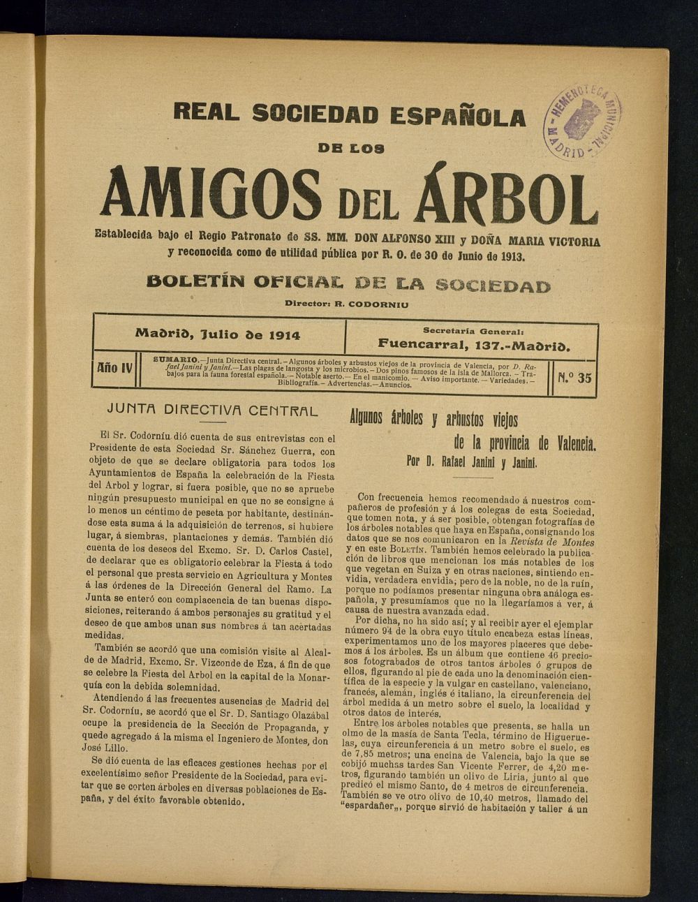 Boletn Comisin organizadora de la Sociedad Espaola de los amigos del rbol de julio de 1914