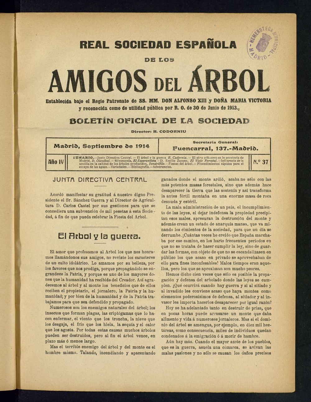 Boletn Comisin organizadora de la Sociedad Espaola de los amigos del rbol de septiembre de 1914