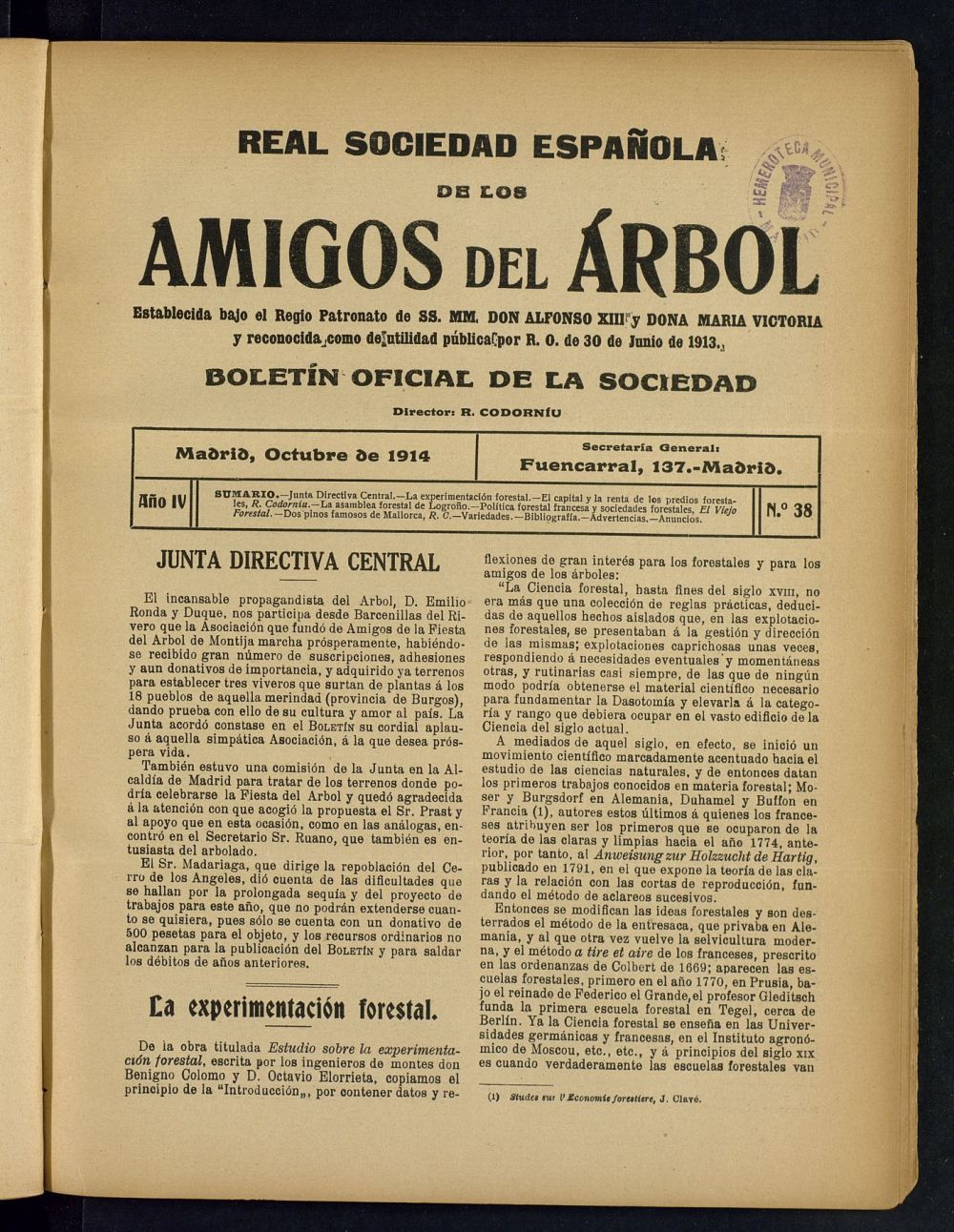 Boletn Comisin organizadora de la Sociedad Espaola de los amigos del rbol de octubre de 1914