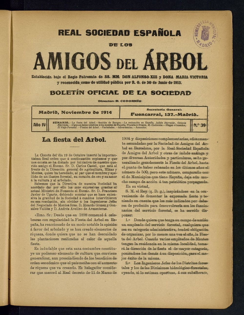 Boletn Comisin organizadora de la Sociedad Espaola de los amigos del rbol de noviembre de 1914