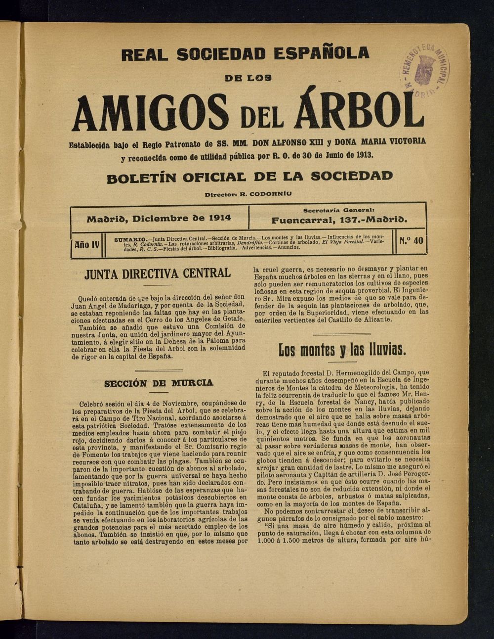 Boletn Comisin organizadora de la Sociedad Espaola de los amigos del rbol de diciembre de 1914
