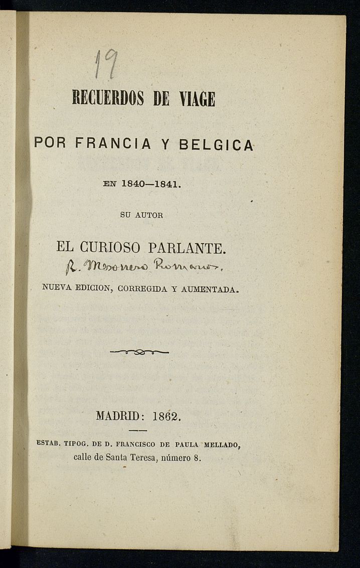 Recuerdos de viage por Francia y Blgica en 1840 y 1841 su autor El Curioso Parlante