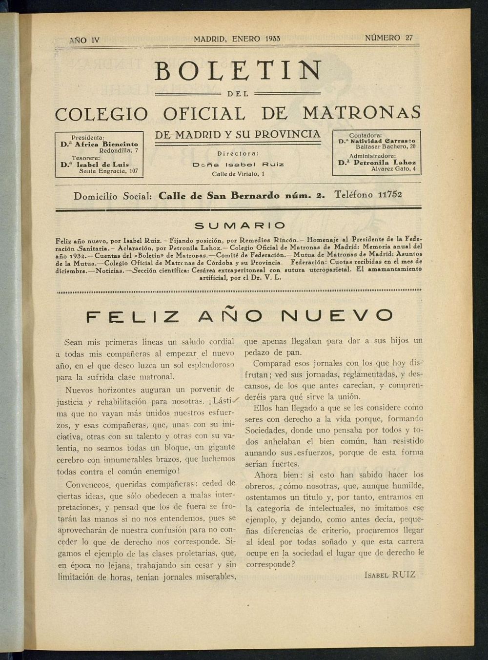 Boletn del Colegio Oficial de Matronas de Madrid y su Provincia de enero de 1933
