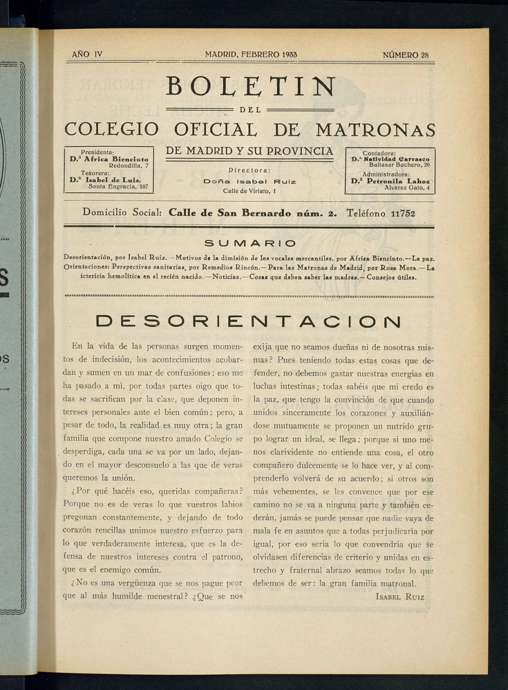 Boletn del Colegio Oficial de Matronas de Madrid y su Provincia de febrero de 1933