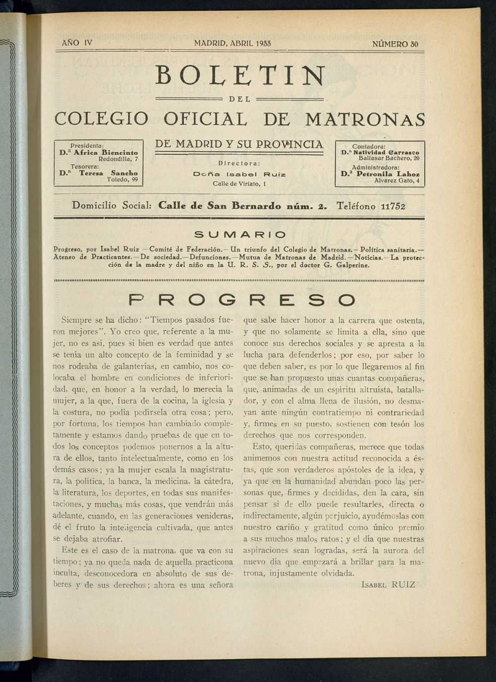 Boletn del Colegio Oficial de Matronas de Madrid y su Provincia de abril de 1933