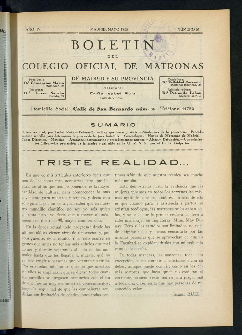Boletn del Colegio Oficial de Matronas de Madrid y su Provincia de mayo de 1933