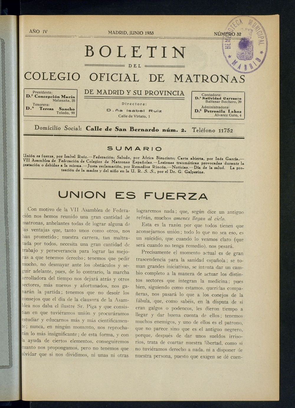 Boletn del Colegio Oficial de Matronas de Madrid y su Provincia de junio de 1933