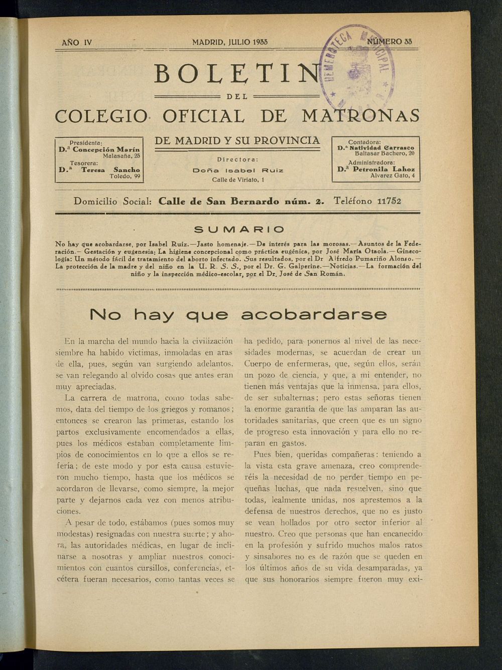 Boletn del Colegio Oficial de Matronas de Madrid y su Provincia de julio de 1933