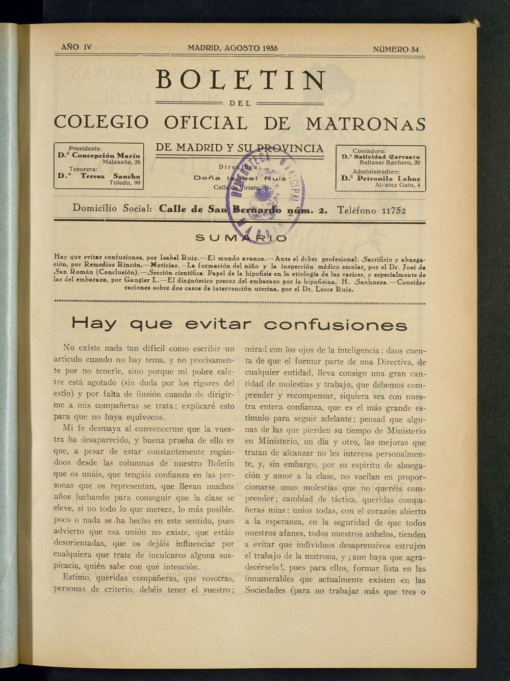 Boletn del Colegio Oficial de Matronas de Madrid y su Provincia de agosto de 1933