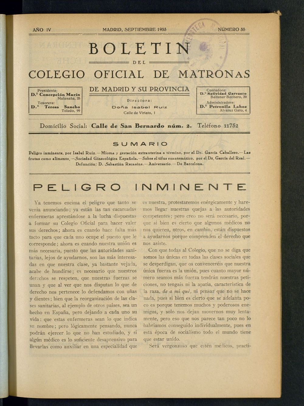 Boletn del Colegio Oficial de Matronas de Madrid y su Provincia de septiembre de 1933