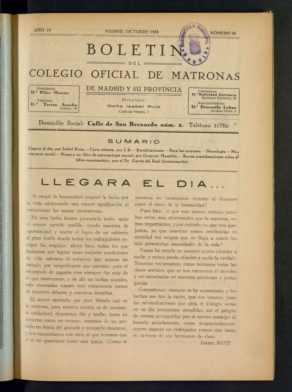 Boletn del Colegio Oficial de Matronas de Madrid y su Provincia de octubre de 1933