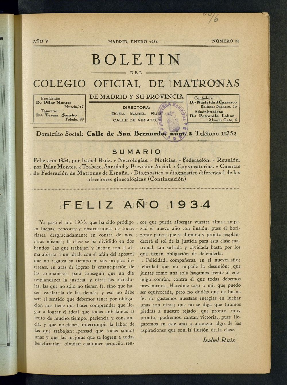 Boletn del Colegio Oficial de Matronas de Madrid y su Provincia de enero de 1934