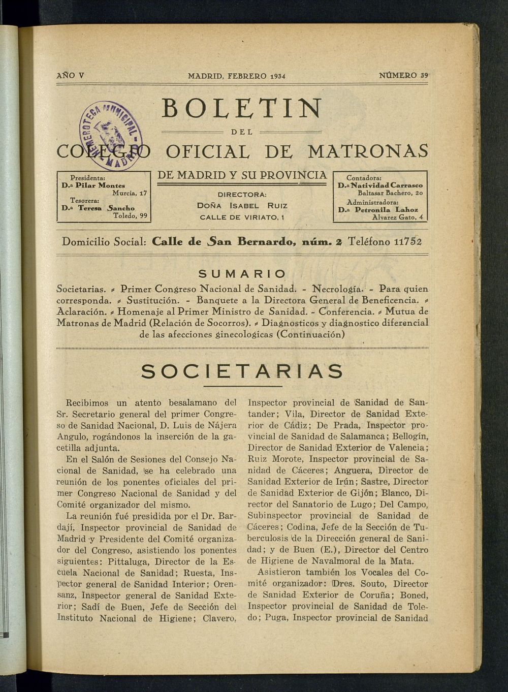 Boletn del Colegio Oficial de Matronas de Madrid y su Provincia de febrero de 1934