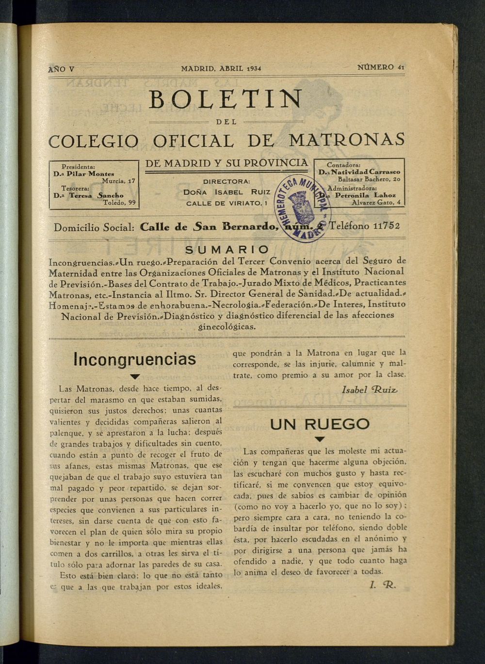 Boletn del Colegio Oficial de Matronas de Madrid y su Provincia de abril de 1934