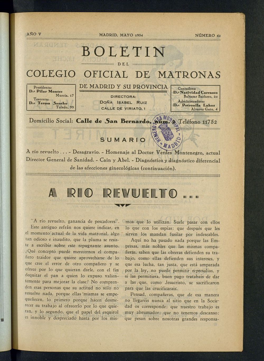 Boletn del Colegio Oficial de Matronas de Madrid y su Provincia de mayo de 1934