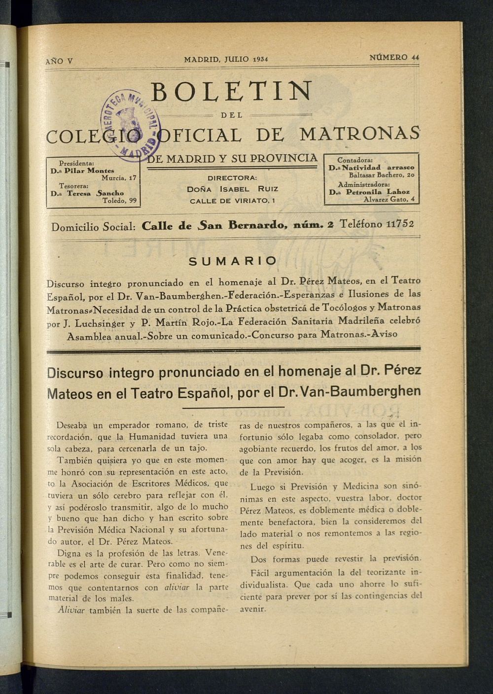 Boletn del Colegio Oficial de Matronas de Madrid y su Provincia de julio de 1934