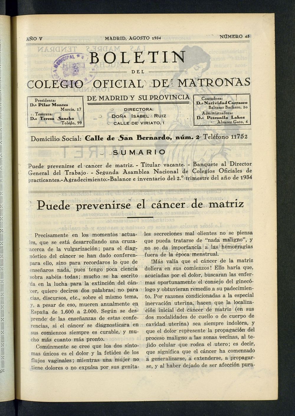 Boletn del Colegio Oficial de Matronas de Madrid y su Provincia de agosto de 1934