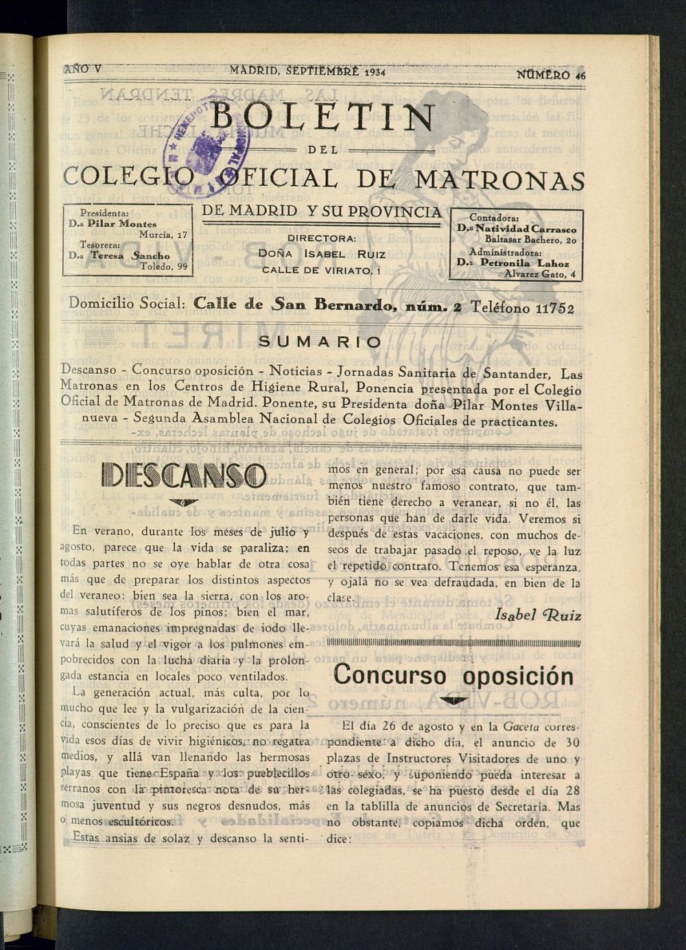Boletn del Colegio Oficial de Matronas de Madrid y su Provincia de septiembre de 1934