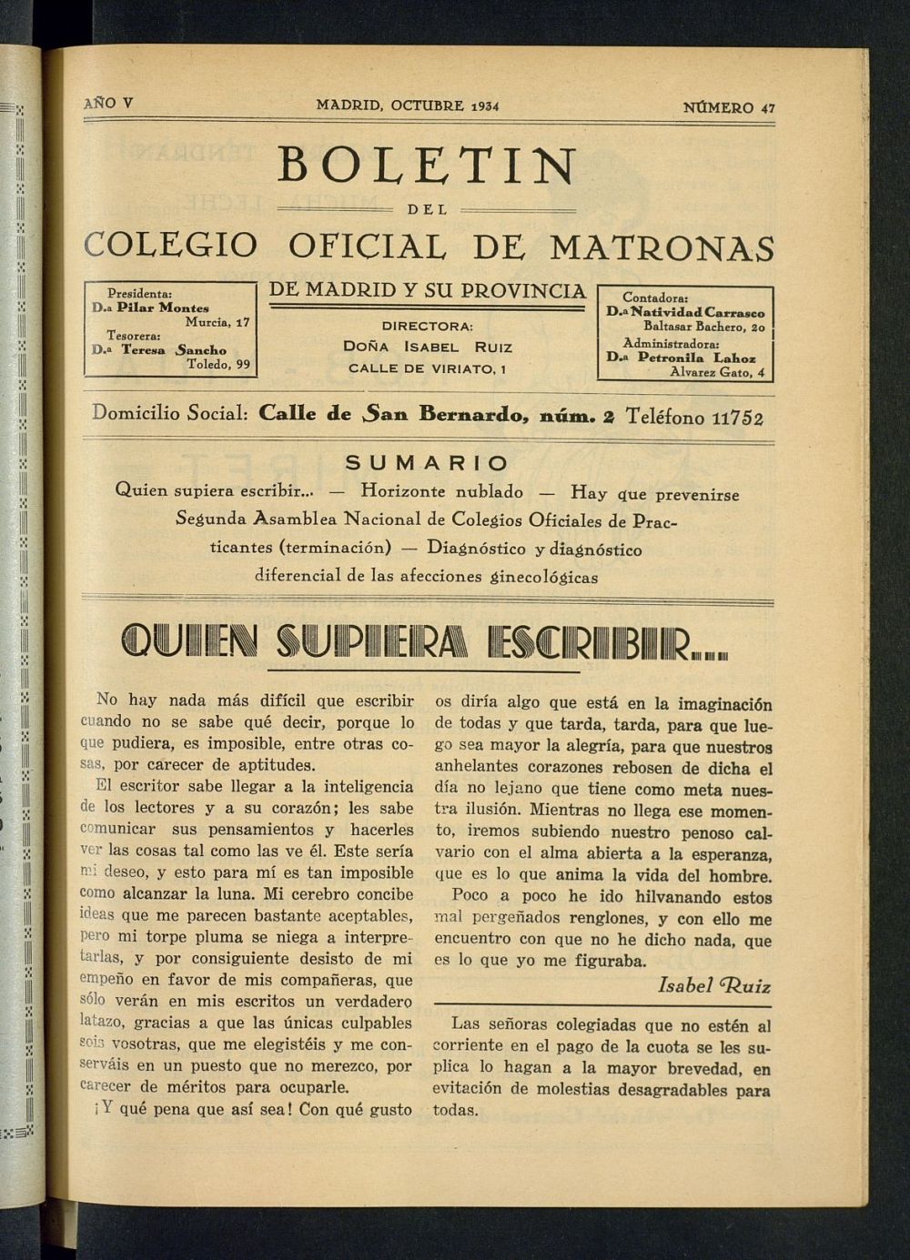 Boletn del Colegio Oficial de Matronas de Madrid y su Provincia de octubre de 1934