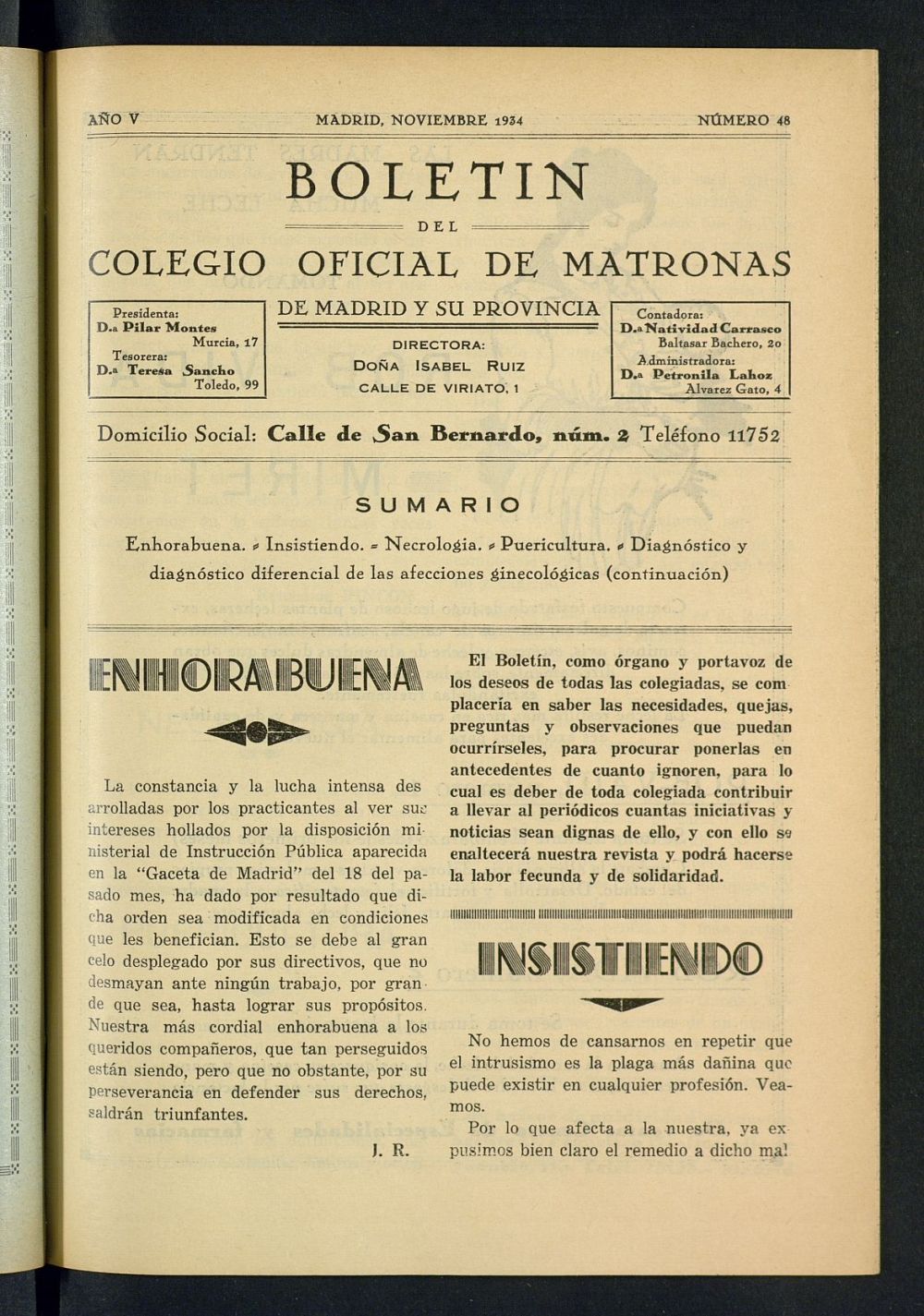 Boletn del Colegio Oficial de Matronas de Madrid y su Provincia de noviembre de 1934