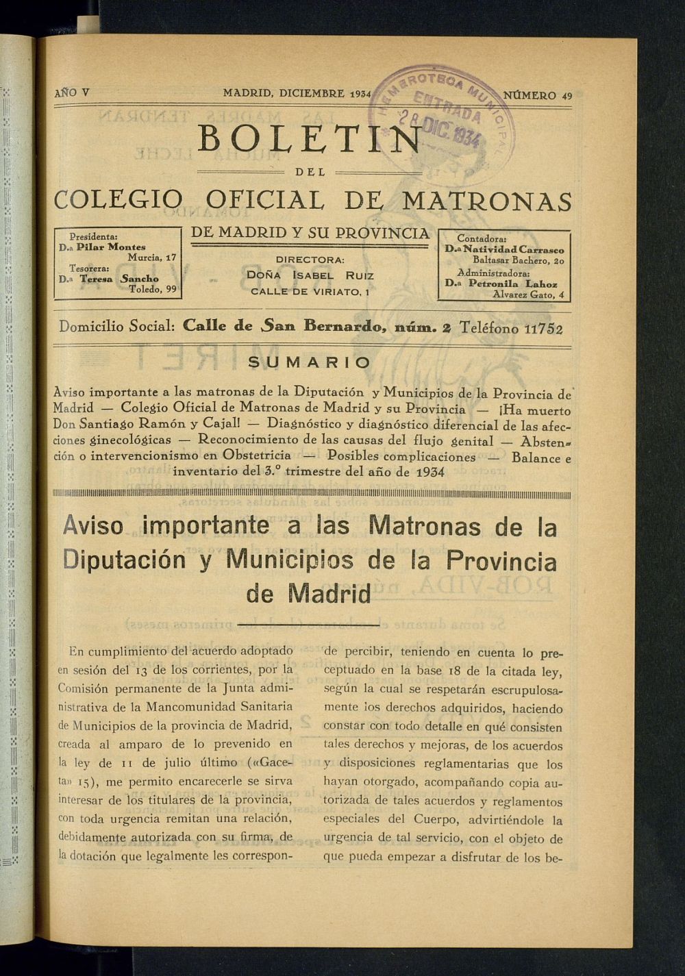 Boletn del Colegio Oficial de Matronas de Madrid y su Provincia de diciembre de 1934