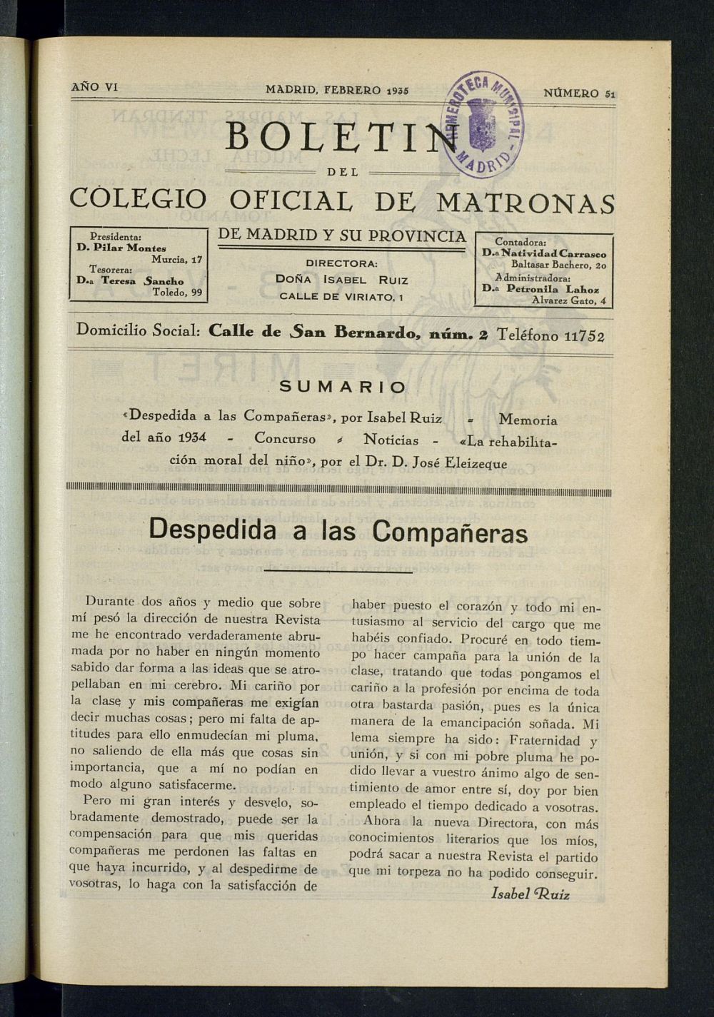 Boletn del Colegio Oficial de Matronas de Madrid y su Provincia de febrero de 1935