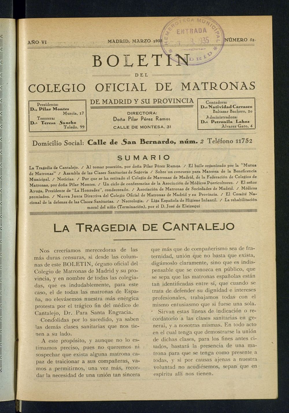 Boletn del Colegio Oficial de Matronas de Madrid y su Provincia de marzo de 1935