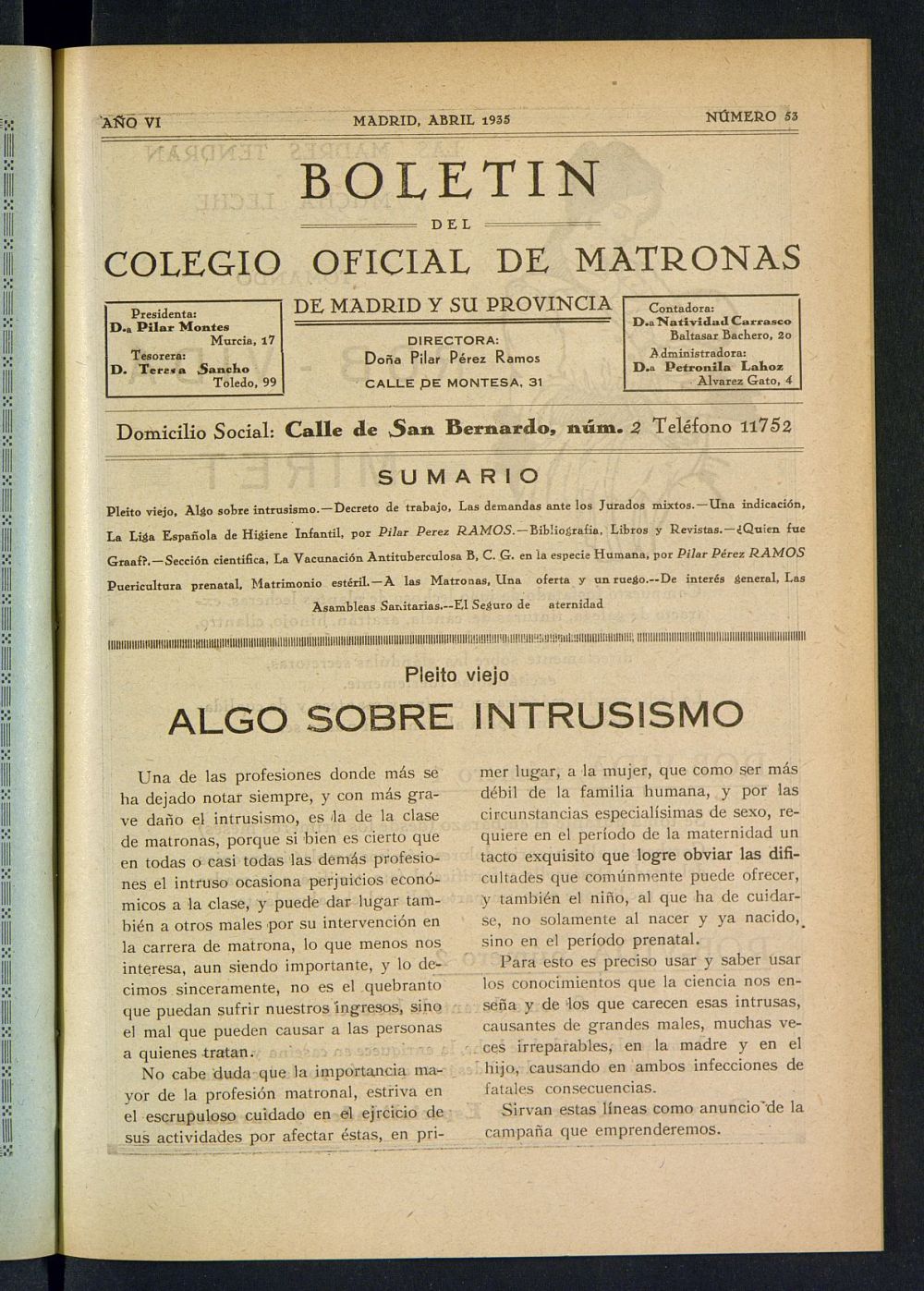 Boletn del Colegio Oficial de Matronas de Madrid y su Provincia de abril de 1935