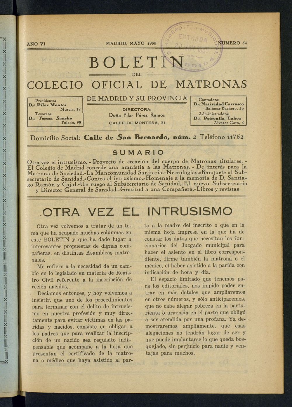 Boletn del Colegio Oficial de Matronas de Madrid y su Provincia de mayo de 1935