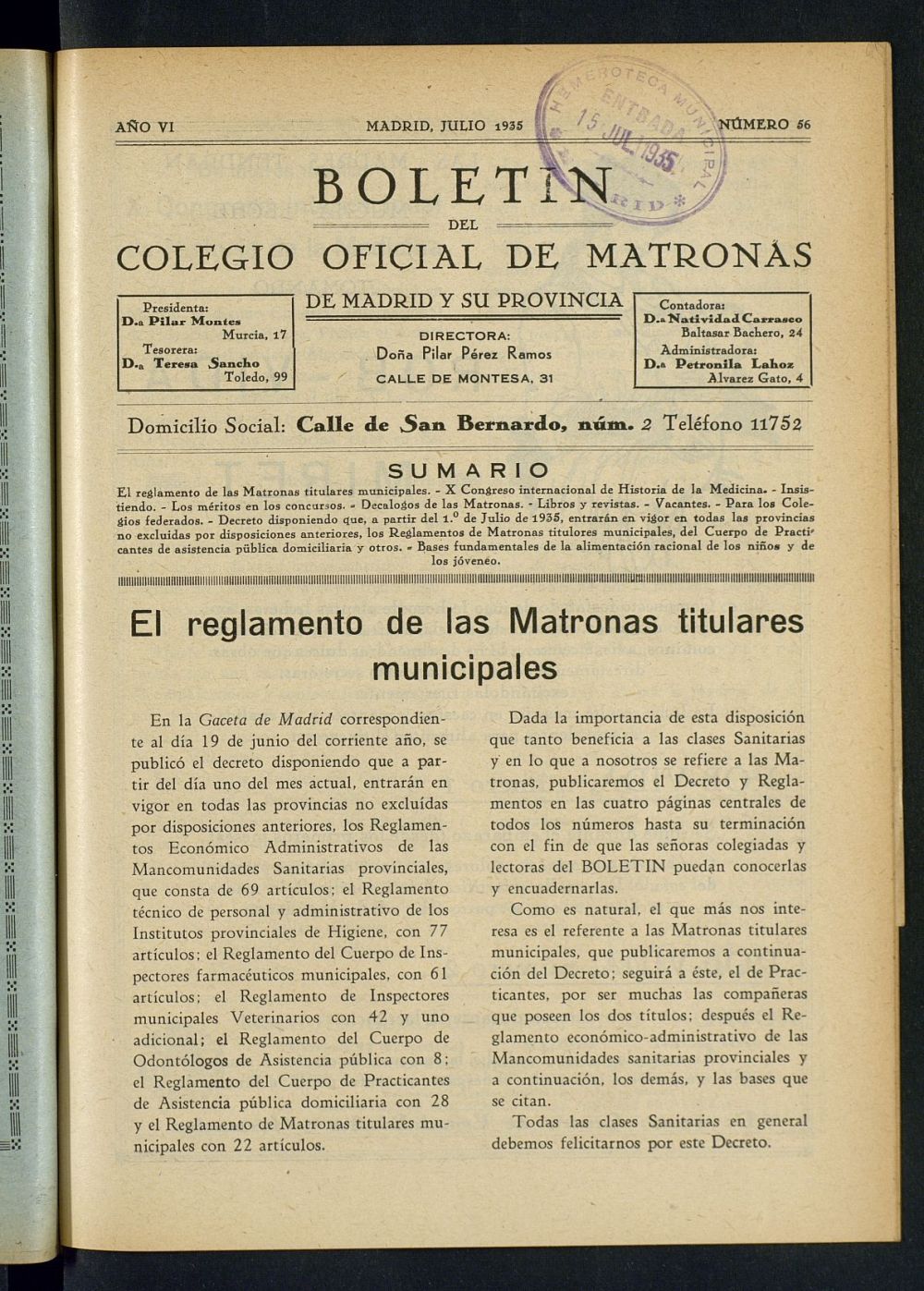 Boletn del Colegio Oficial de Matronas de Madrid y su Provincia de julio de 1935
