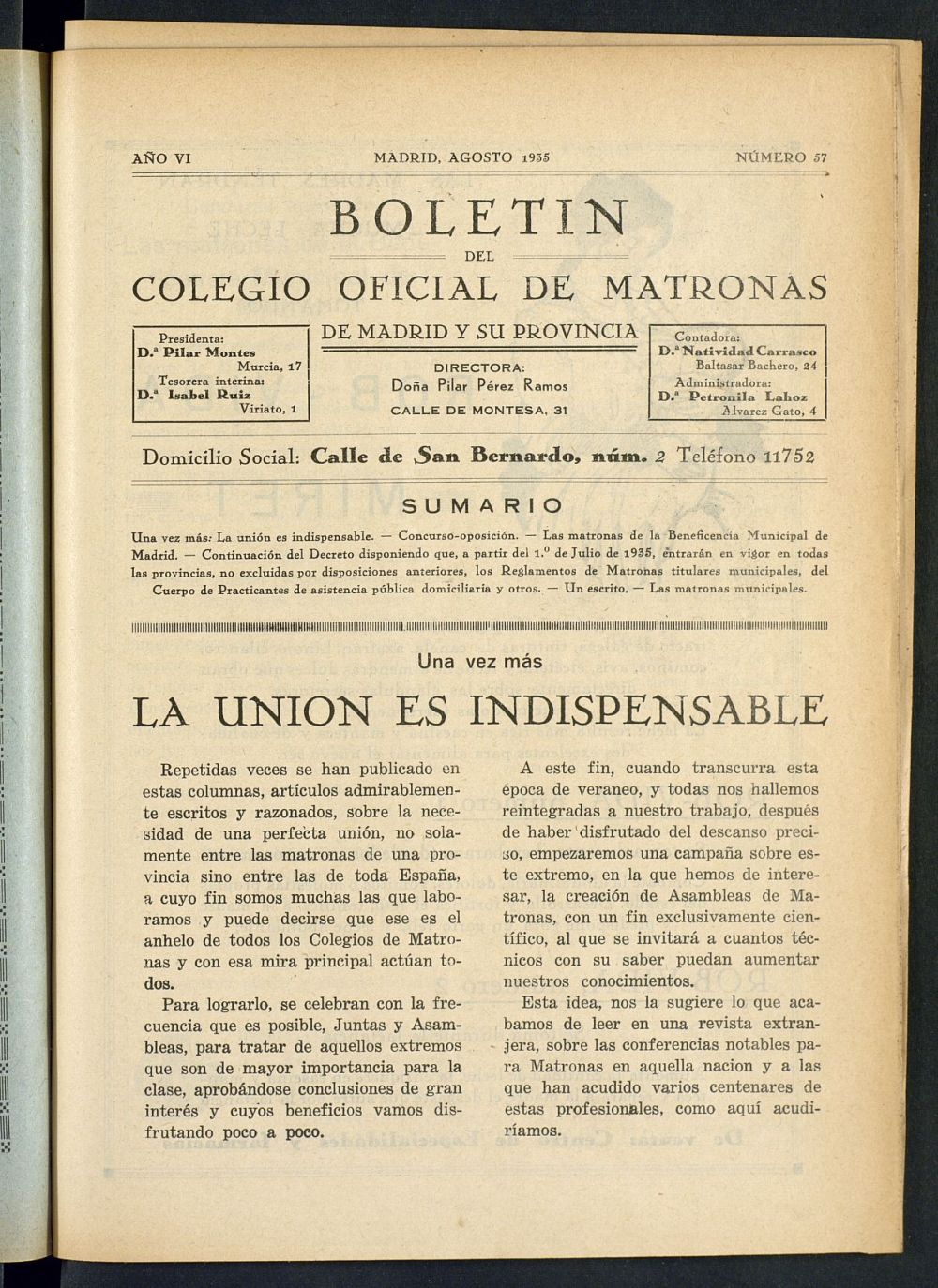 Boletn del Colegio Oficial de Matronas de Madrid y su Provincia de agosto de 1935