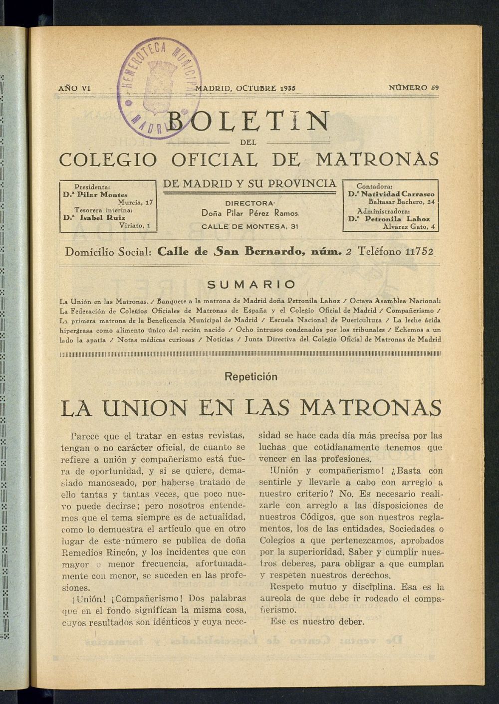 Boletn del Colegio Oficial de Matronas de Madrid y su Provincia de octubre de 1935