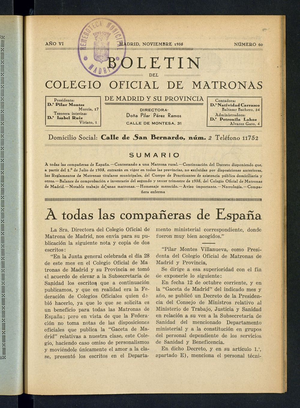 Boletn del Colegio Oficial de Matronas de Madrid y su Provincia de noviembre de 1935