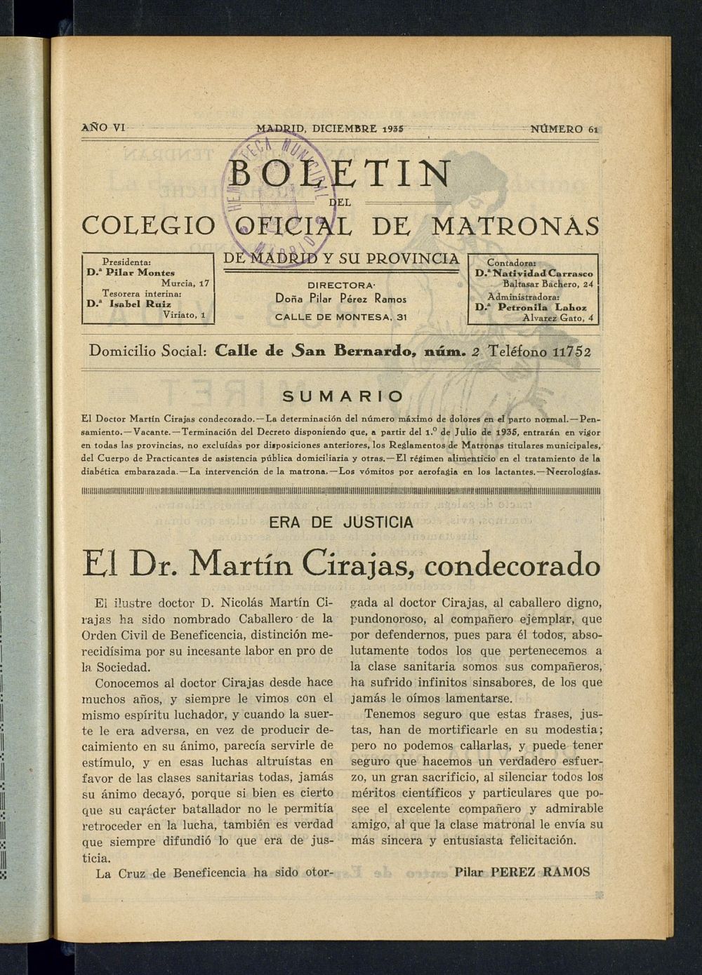 Boletn del Colegio Oficial de Matronas de Madrid y su Provincia de diciembre de 1935