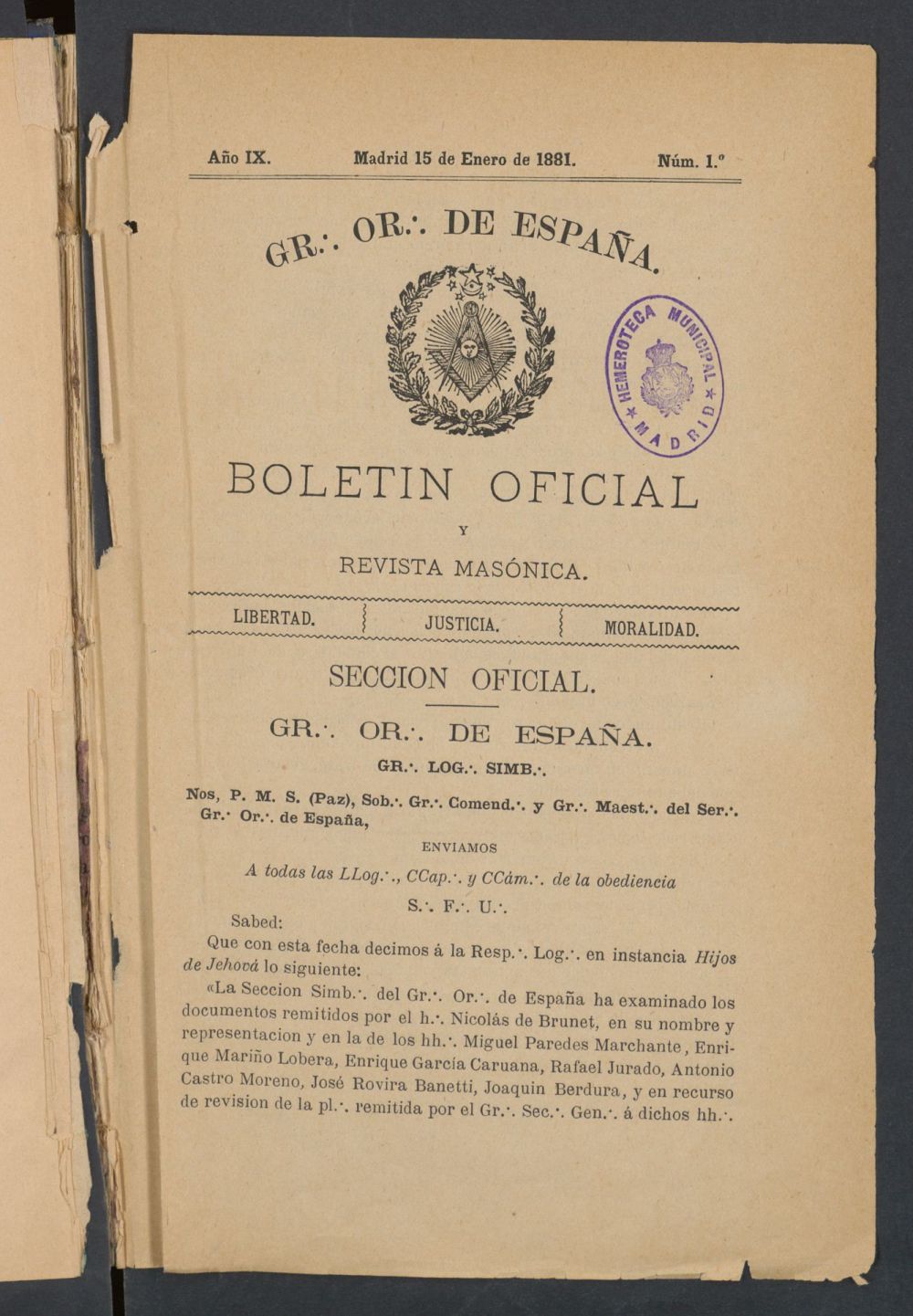 Boletn Oficial del Gran Oriente de Espaa del 15 de enero de 1881. N 1
