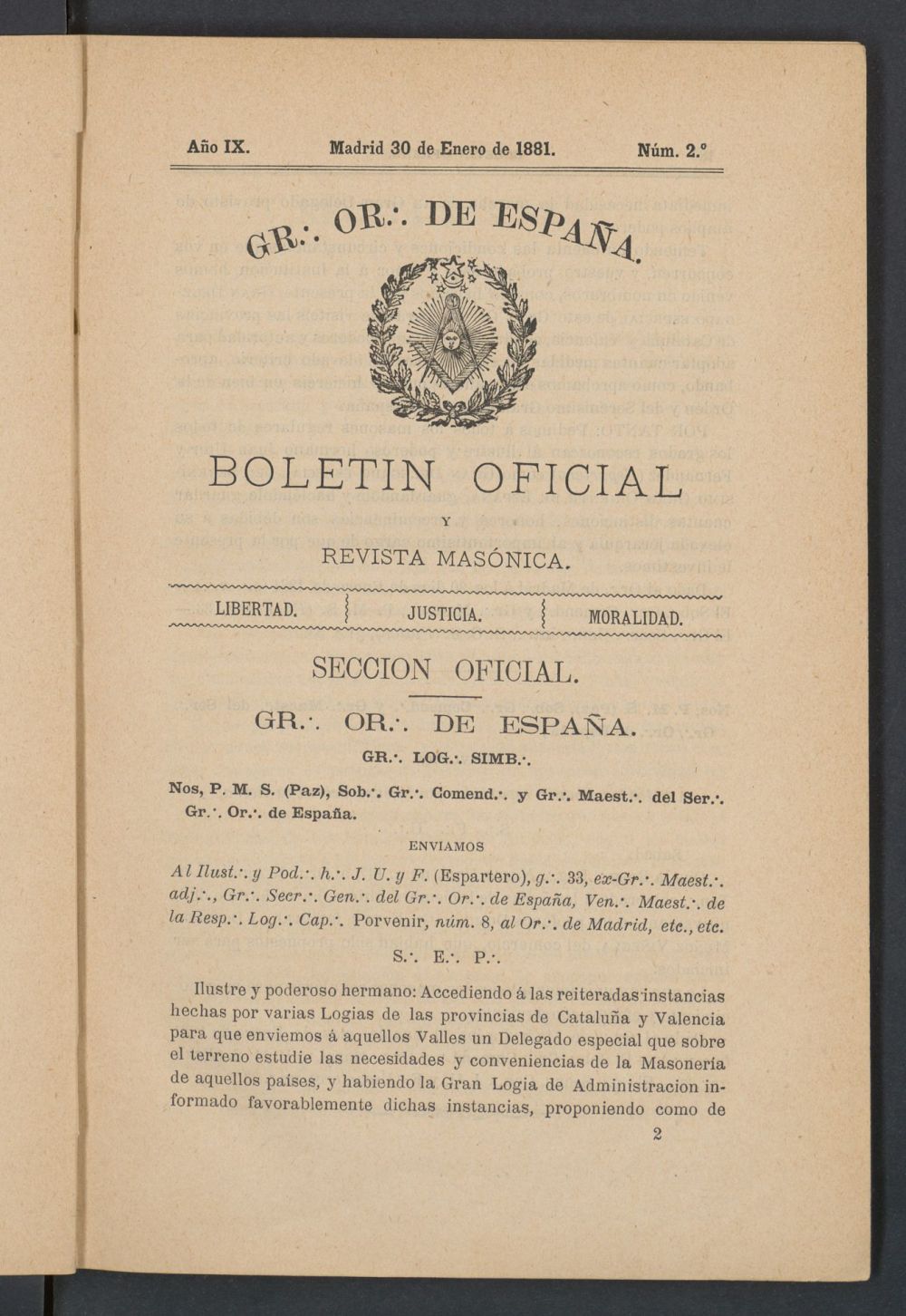 Boletn Oficial del Gran Oriente de Espaa del 30 de enero de 1881. N 2