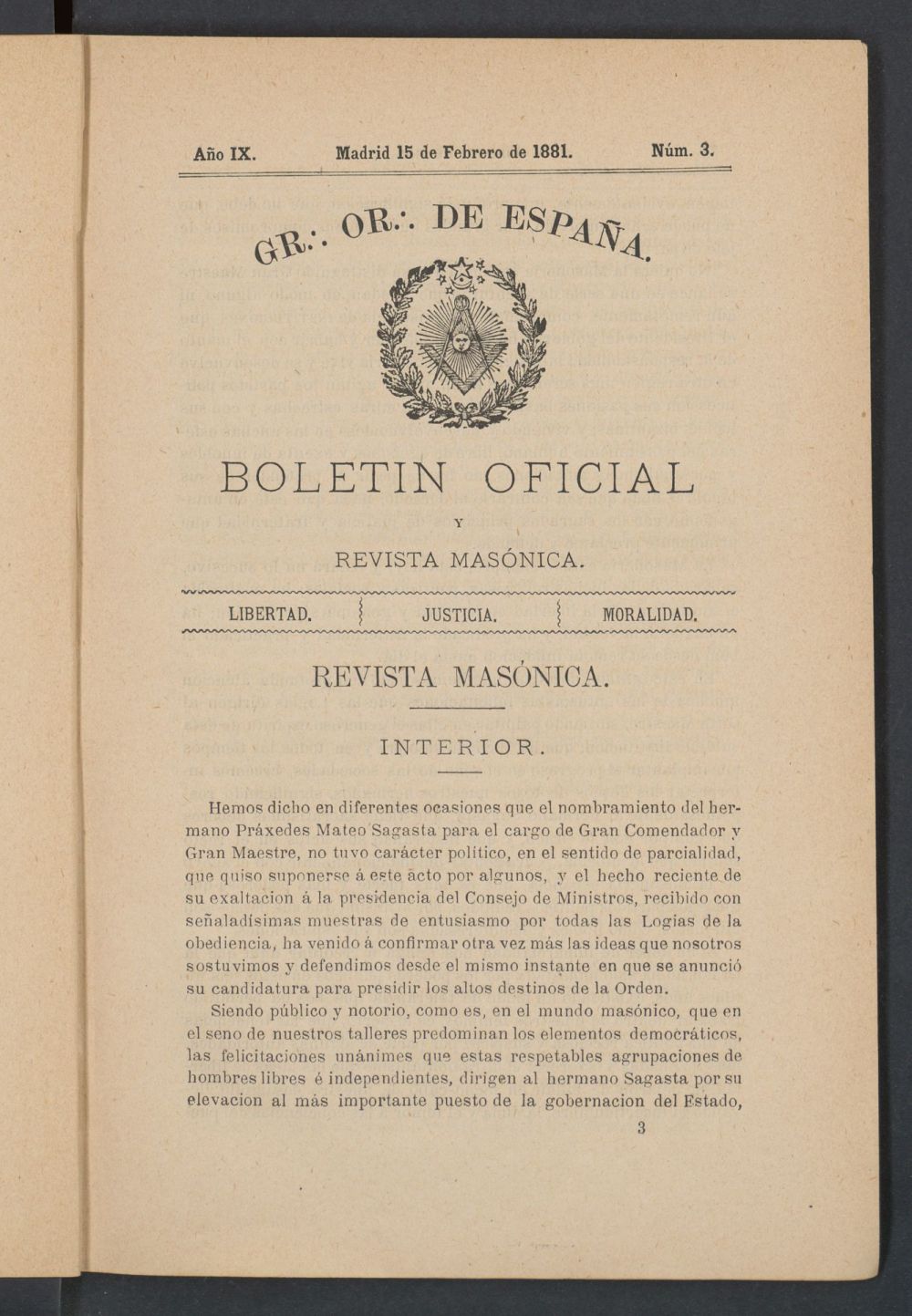 Boletn Oficial del Gran Oriente de Espaa del 15 de febrero de 1881. N 3