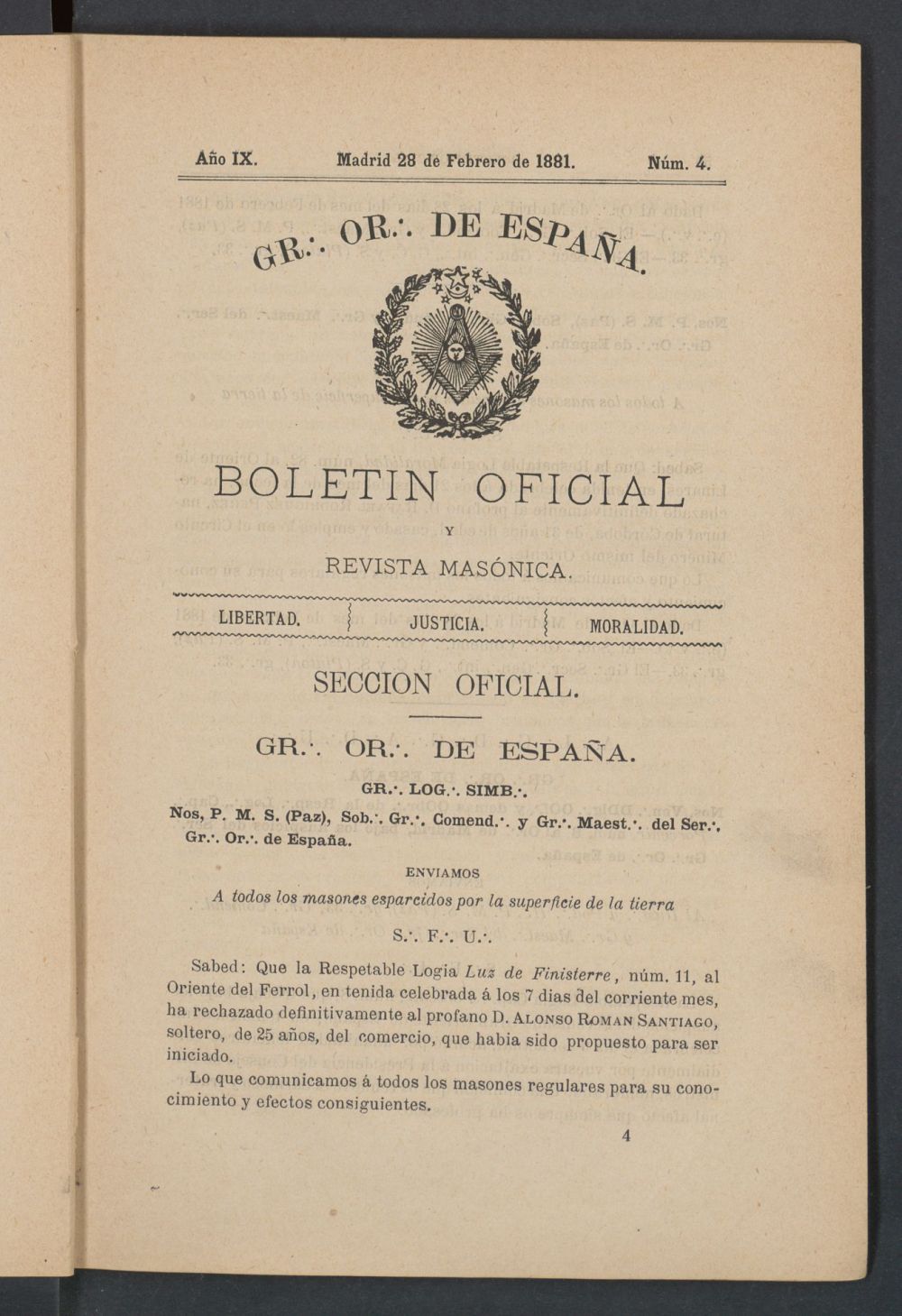 Boletn Oficial del Gran Oriente de Espaa del 28 de febrero de 1881. N 4