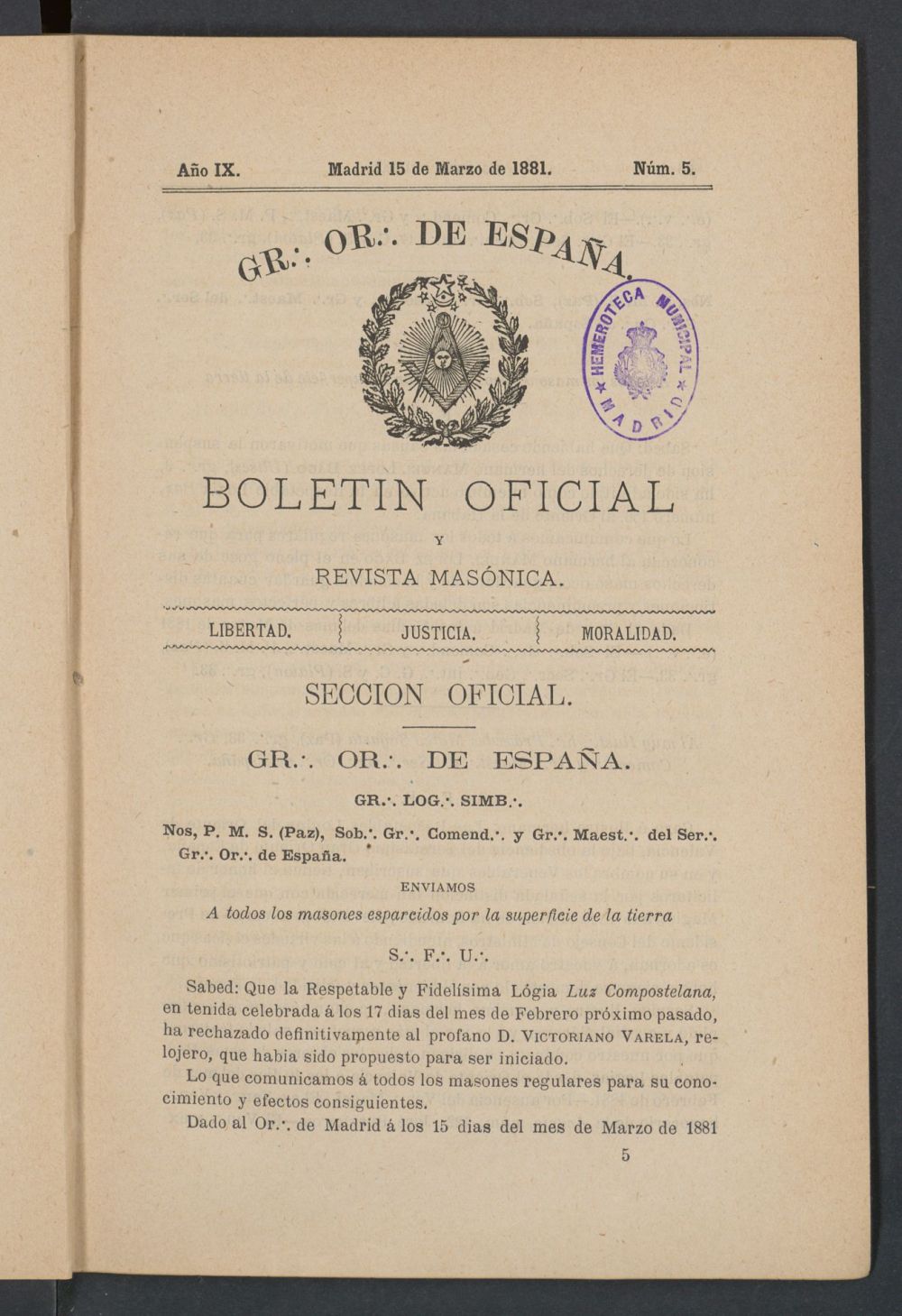 Boletn Oficial del Gran Oriente de Espaa del 15 de marzo de 1881. N 5