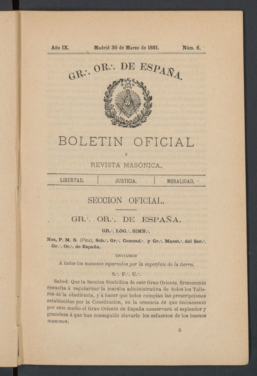 Boletn Oficial del Gran Oriente de Espaa del 30 de marzo de 1881. N 6