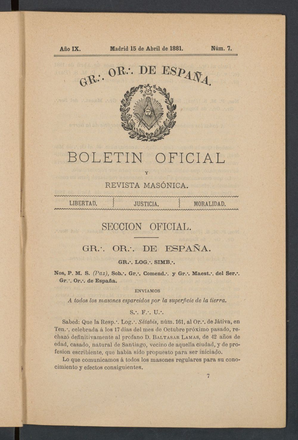 Boletn Oficial del Gran Oriente de Espaa del 15 de abril de 1881. N 7