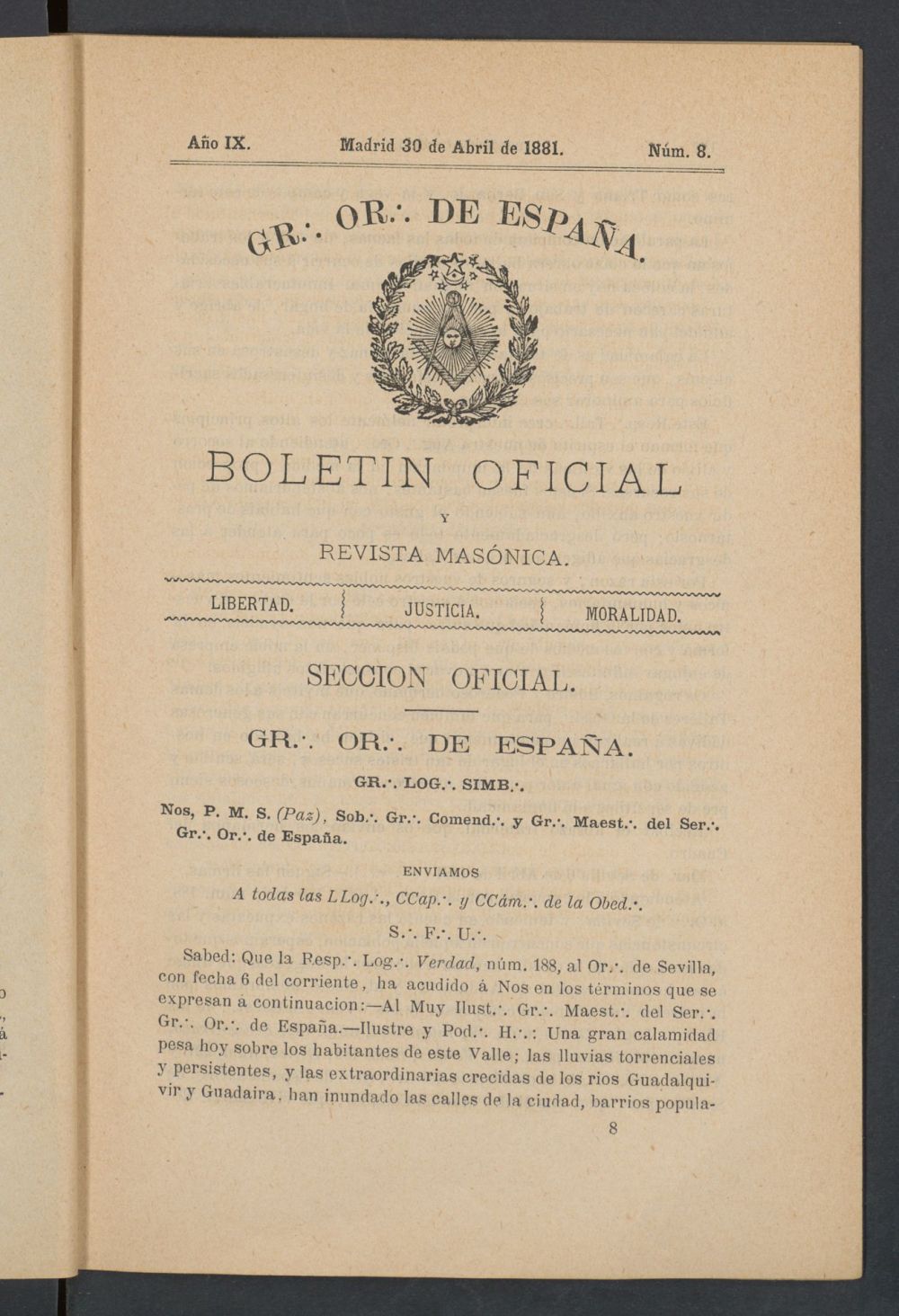 Boletn Oficial del Gran Oriente de Espaa del 30 de abril de 1881. N 8