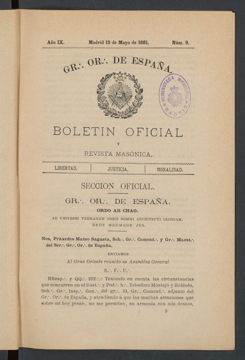 Boletn Oficial del Gran Oriente de Espaa del 15 de mayo de 1881. N 9