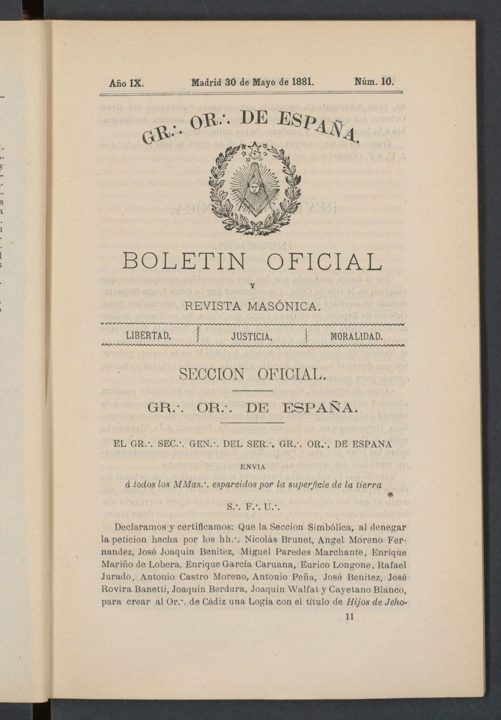Boletn Oficial del Gran Oriente de Espaa del 30 de mayo de 1881. N 10