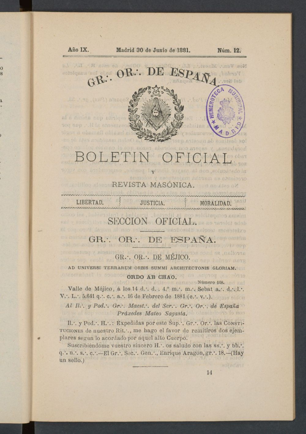Boletn Oficial del Gran Oriente de Espaa del 30 de junio de 1881. N 12