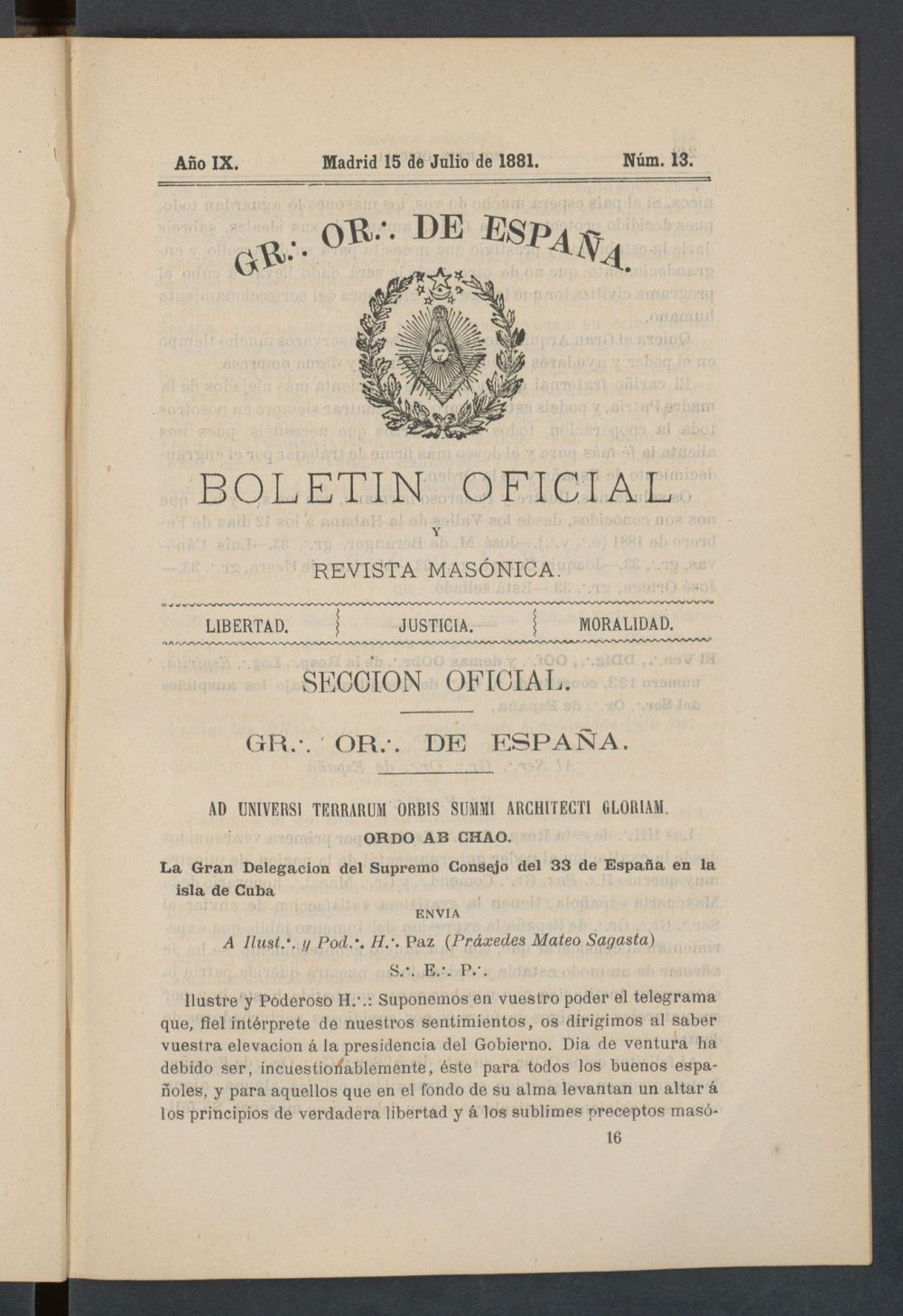 Boletn Oficial del Gran Oriente de Espaa del 15 de julio de 1881. N 13